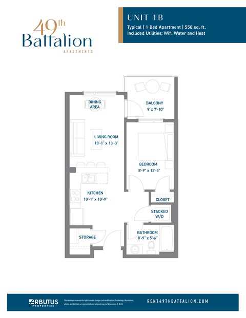 Floor plan for 1 bed, 1 bath, 558 sqft